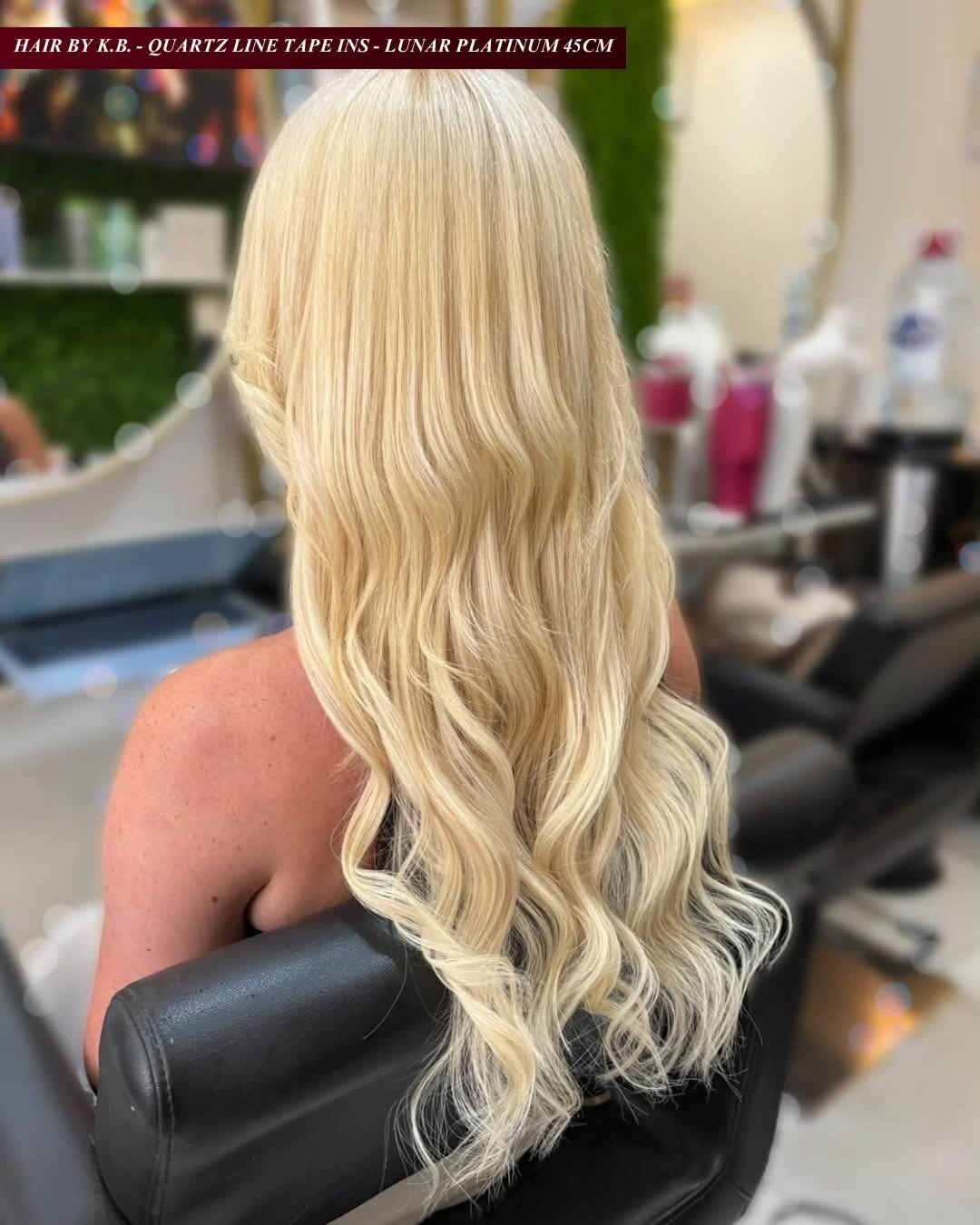 Platinum blonde hair with luminous waves using EvaLuna Quartz Line tape-in extensions