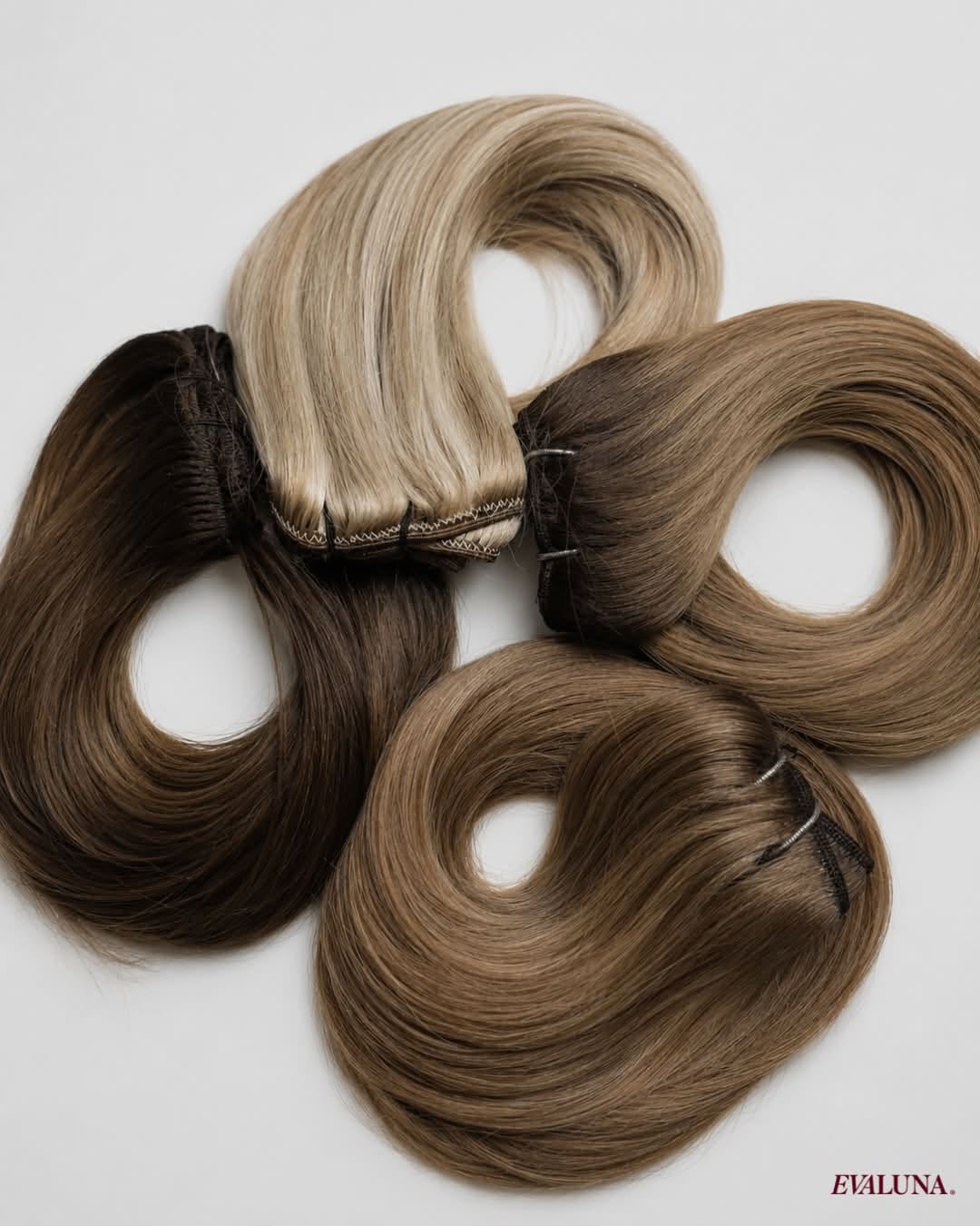 Four bundles of EvaLuna premium Remy hair extensions in blonde, bronde and brunette shades
