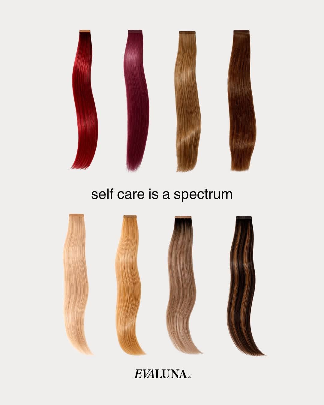 EvaLuna hair extension shade range from platinum blonde to deep brunette, red and burgundy tones
